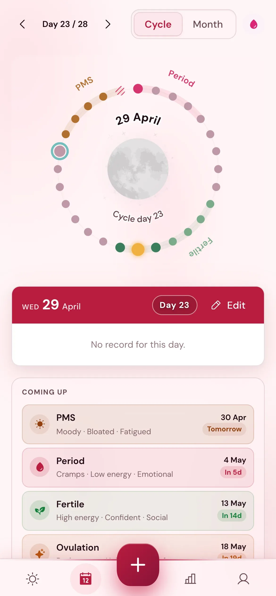 Selenia app showing the cycle ring view with current phase, day count, and upcoming events