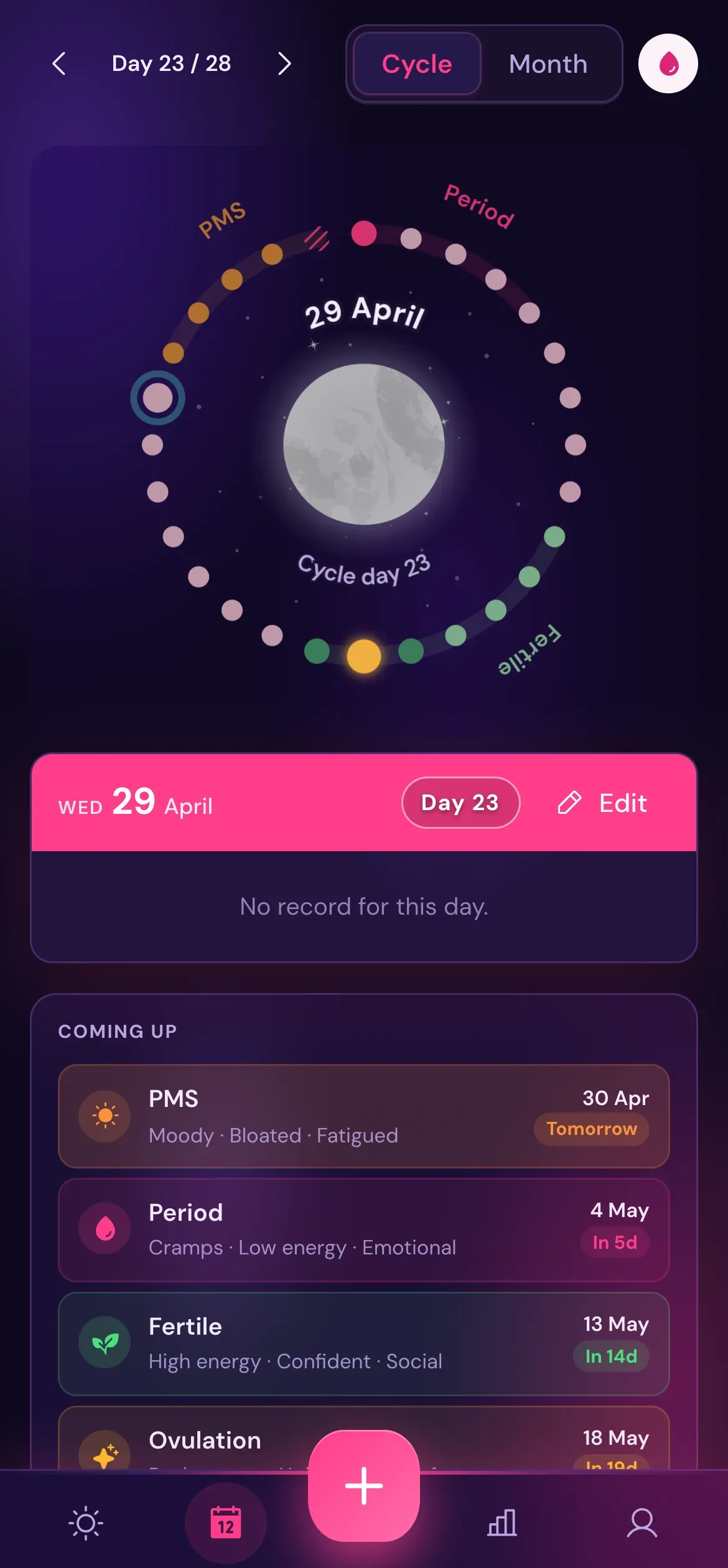 Selenia app showing the cycle ring view with current phase, day count, and upcoming events